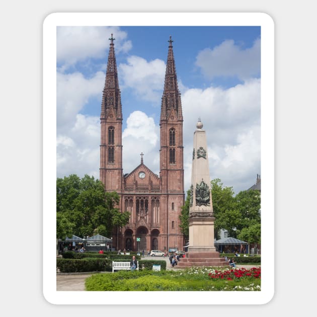 Luisenplatz with Waterloo Obelisk and St. Bonifatius Church, Wiesbaden Sticker by Kruegerfoto